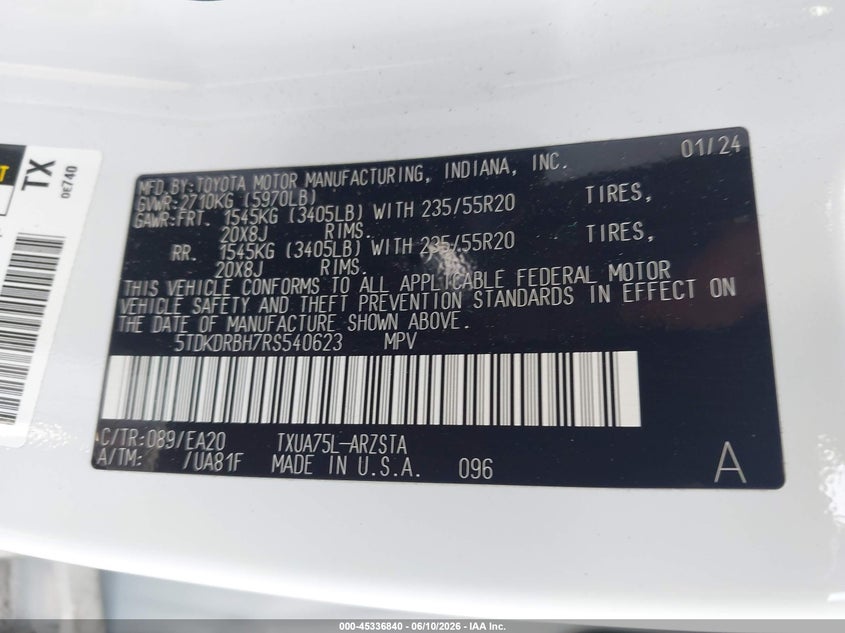 2024 Toyota Highlander VIN 5TDKDRBH7RS540623 IAAI salvage auction — FRONT END, Salvage (Pennsylvania), sold $9,700 on 2026-07-28 (photo 9)