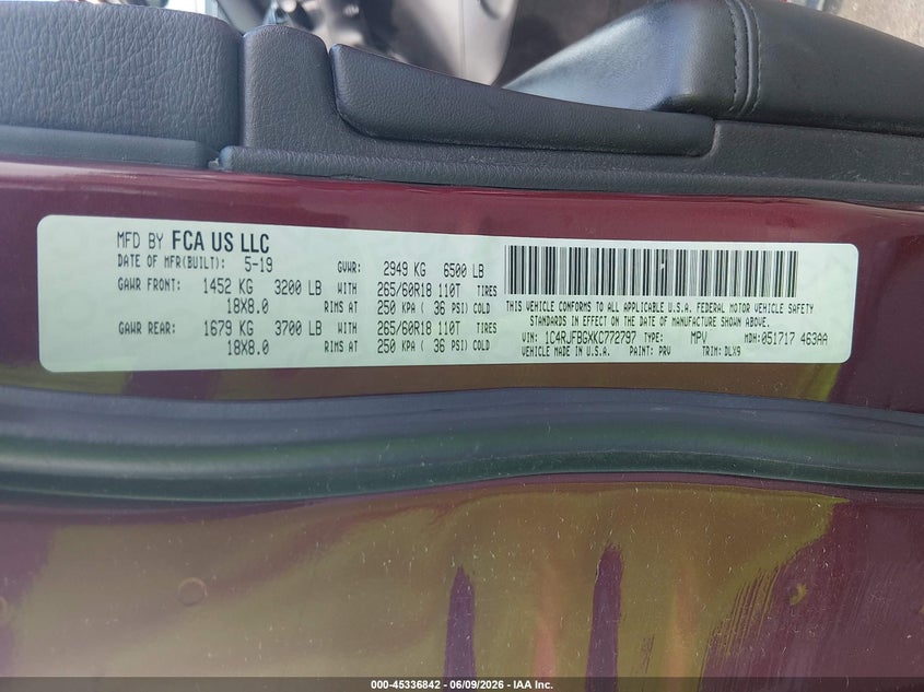 2019 Jeep Grand cherokee VIN 1C4RJFBGXKC772797 IAAI salvage auction — FRONT END, Salvage Title, sold $3,200 on 2026-07-28 (photo 9)