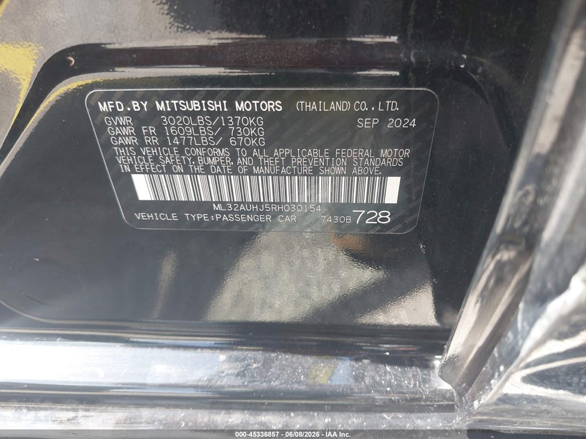 2024 Mitsubishi Mirage VIN ML32AUHJ5RH030154 IAAI salvage auction — SIDE, Salvage Title, sold $5,450 on 2026-07-09 (photo 9)