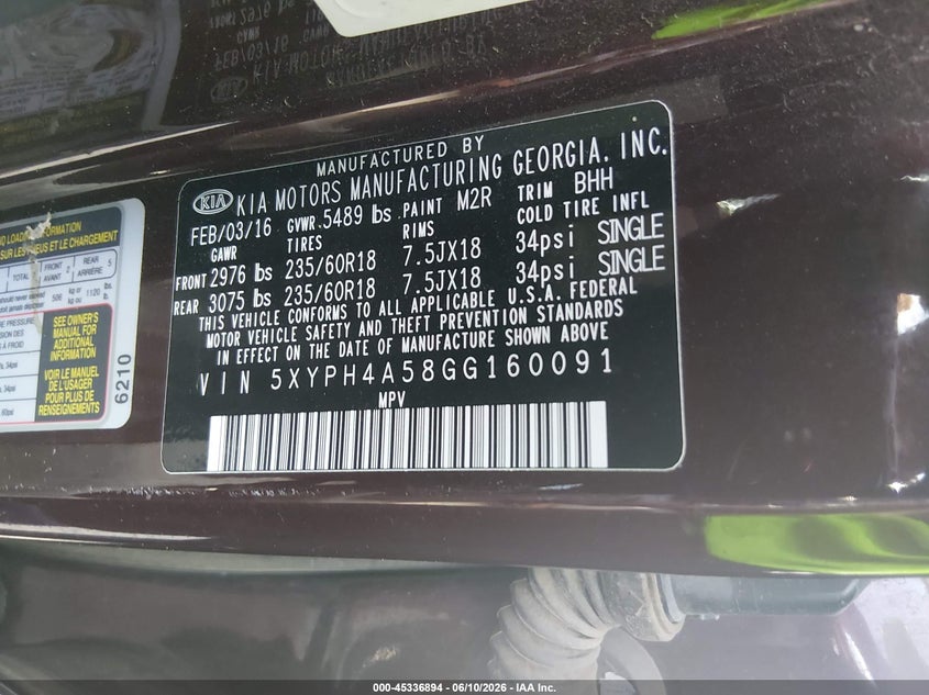 2016 Kia Sorento VIN 5XYPH4A58GG160091 IAAI salvage auction — FRONT & REAR, Salvage (Georgia), sold $675 on 2026-07-17 (photo 9)