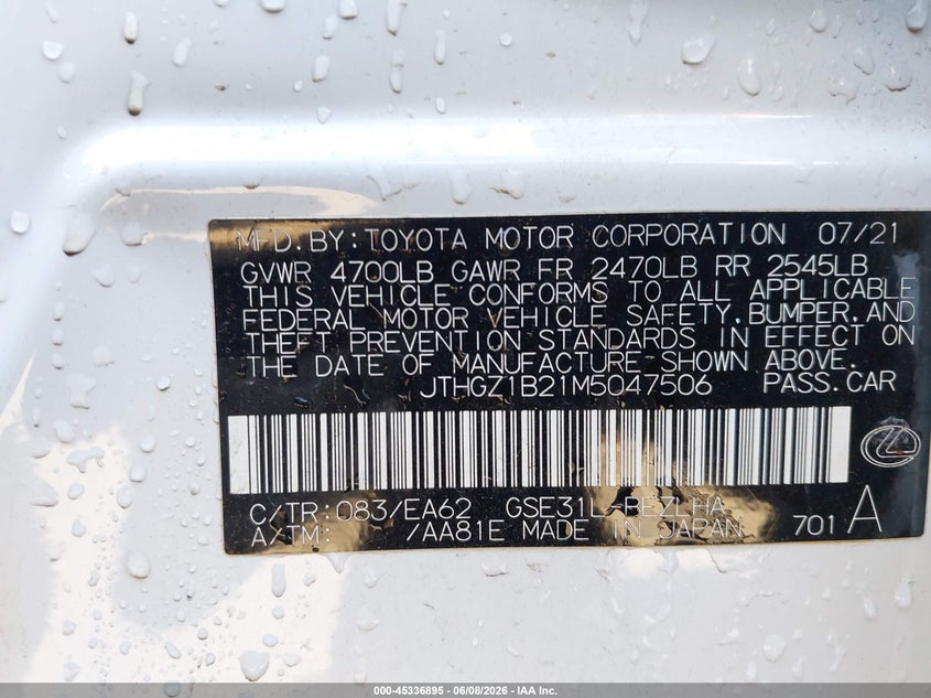 2021 Lexus Is VIN JTHGZ1B21M5047506 IAAI salvage auction — LEFT SIDE, Salvage (California), sold $13,100 on 2026-07-13 (photo 9)