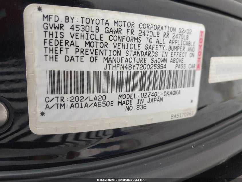 2002 Lexus Sc VIN JTHFN48Y720025394 IAAI salvage auction — NORMAL WEAR, Clear - Dealer Only (California), sold $550 on 2026-07-09 (photo 9)