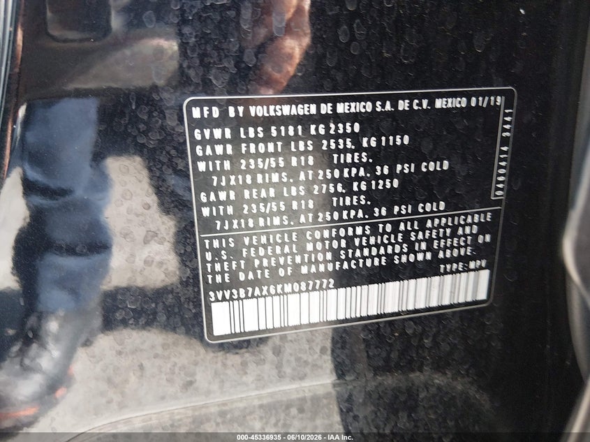 2019 Volkswagen Tiguan VIN 3VV3B7AX6KM087772 IAAI salvage auction — REAR END, Salvage (California), sold $5,000 on 2026-07-09 (photo 9)