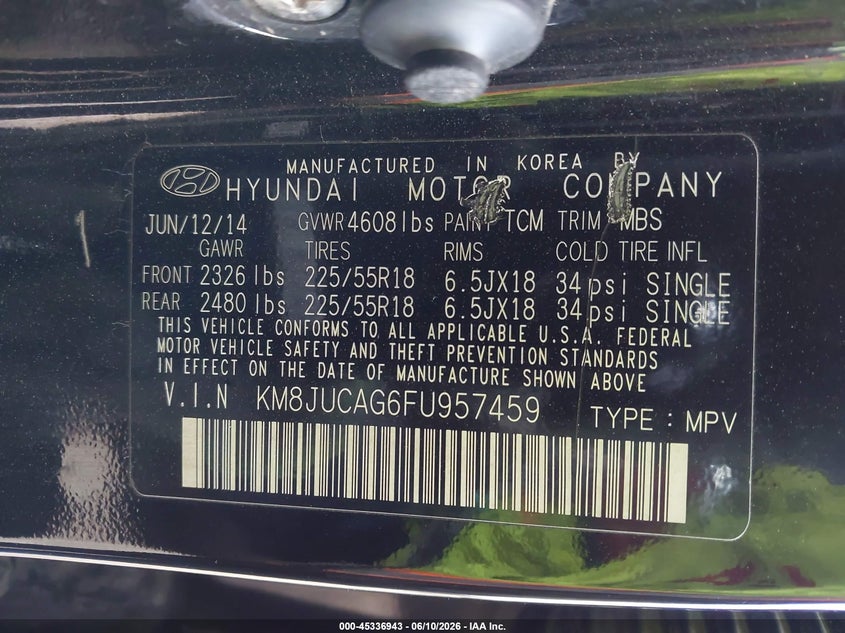 2015 Hyundai Tucson VIN KM8JUCAG6FU957459 IAAI salvage auction — FRONT END, Bill Of Sale (Washington), sold $500 on 2026-07-21 (photo 9)