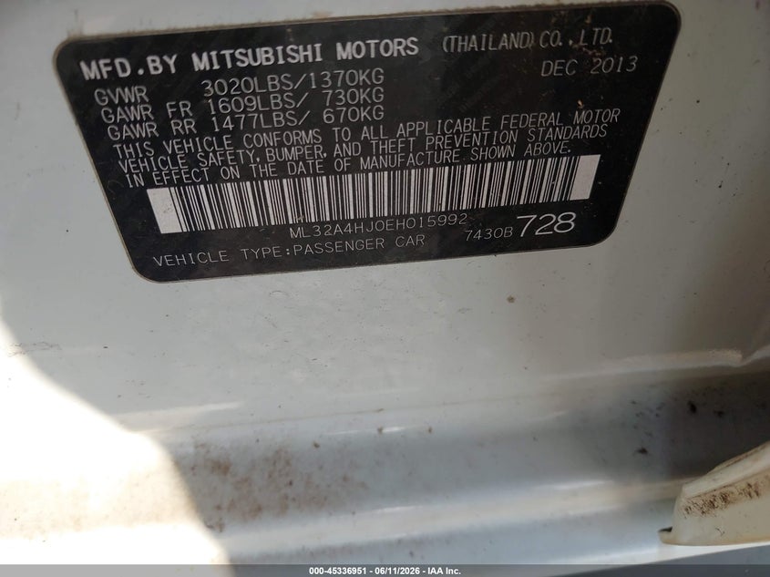2014 Mitsubishi Mirage VIN ML32A4HJ0EH015992 IAAI salvage auction — NORMAL WEAR, Original (Texas), sold $800 on 2026-07-14 (photo 9)