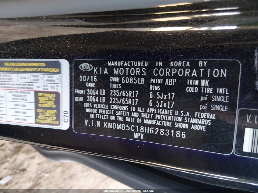 2017 Kia SEDONA VIN KNDMB5C18H6283186 IAAI salvage auction — RIGHT SIDE, Salvage (Arizona), sold $2,050 on 2026-07-14 (photo 9)