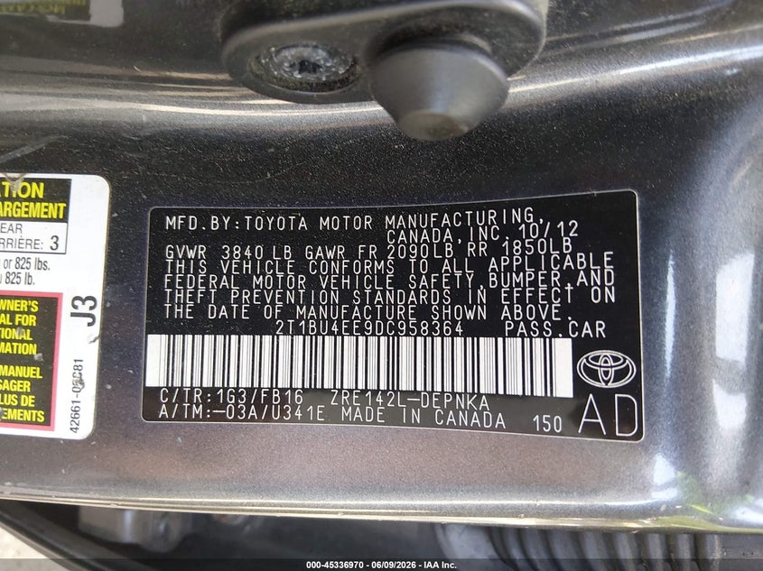 2013 Toyota Corolla VIN 2T1BU4EE9DC958364 IAAI salvage auction — FRONT END, Salvage (New Jersey), sold $1,800 on 2026-07-11 (photo 9)