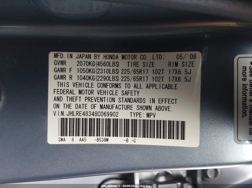 2008 Honda Cr-v VIN JHLRE48348C069902 IAAI salvage auction — NORMAL WEAR, Clear-Dealer Only (Oregon), sold $2,550 on 2026-07-08 (photo 9)
