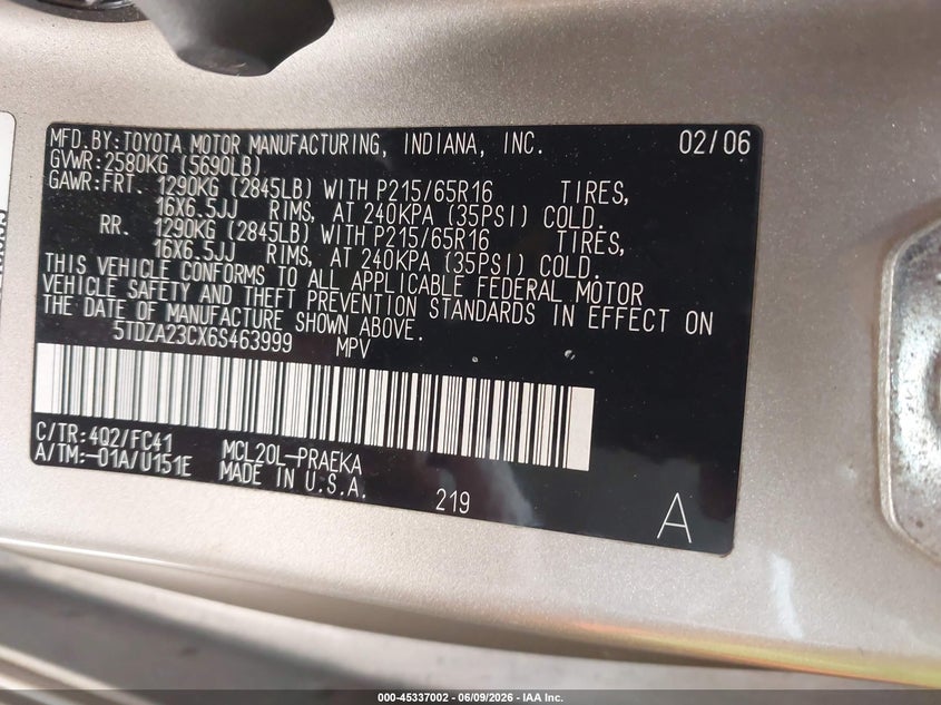 2006 Toyota Sienna VIN 5TDZA23CX6S463999 IAAI salvage auction — FRONT END, Salvage - Greater Than 75% (Maryland), sold $725 on 2026-07-09 (photo 9)