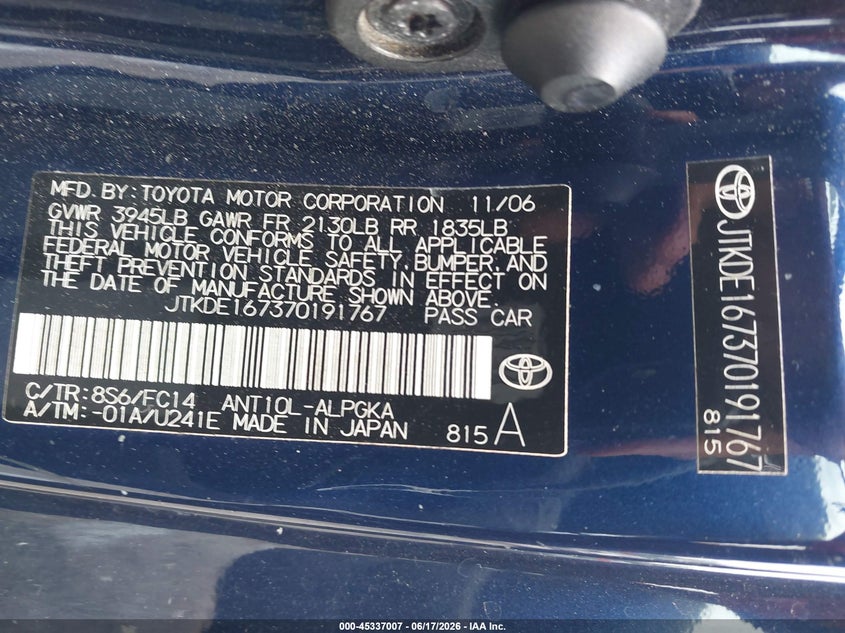 2007 Scion Tc VIN JTKDE167370191767 IAAI salvage auction — FRONT END, Rebuildable (Florida), sold $825 on 2026-07-07 (photo 9)
