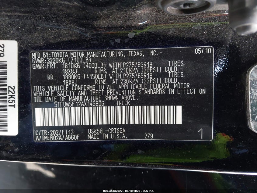2010 Toyota Tundra VIN 5TFUW5F12AX145806 IAAI salvage auction — RIGHT SIDE, Salvage (Texas), sold $4,475 on 2026-07-16 (photo 9)