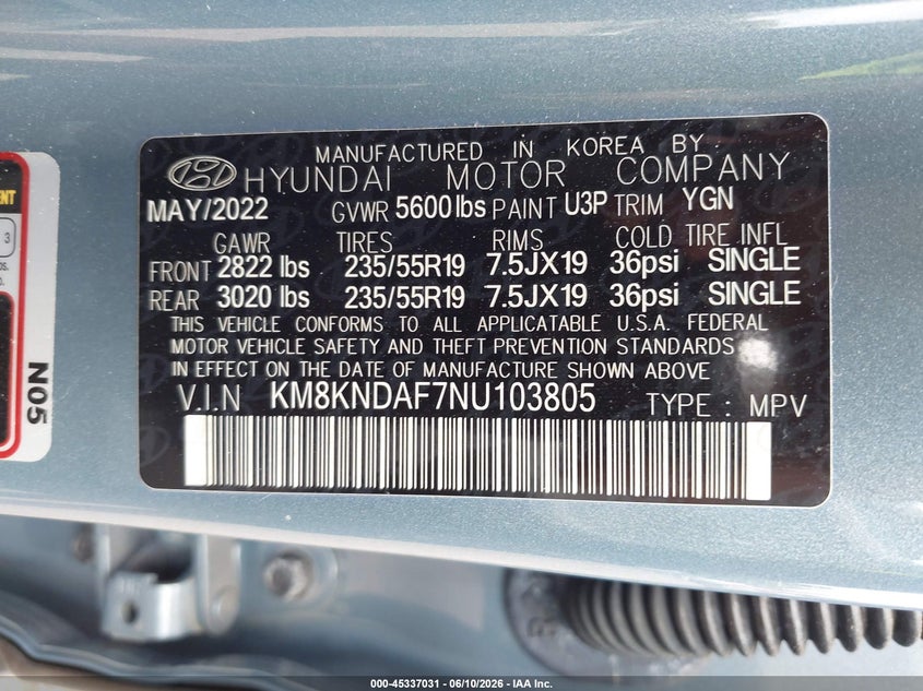 2022 Hyundai Ioniq 5 VIN KM8KNDAF7NU103805 IAAI salvage auction — FRONT END, Salvage Title, sold $9,500 on 2026-07-17 (photo 9)