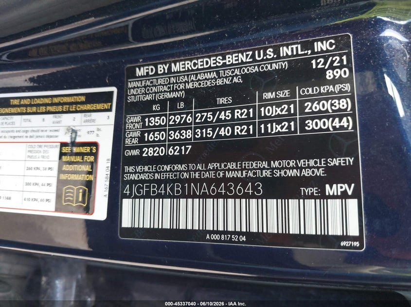 2022 Mercedes-benz Gle VIN 4JGFB4KB1NA643643 IAAI salvage auction — FRONT END, Salvage Title, sold $21,200 on 2026-07-29 (photo 9)
