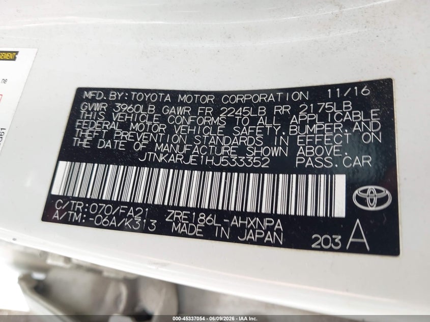 2017 Toyota Corolla VIN JTNKARJE1HJ533352 IAAI salvage auction — FRONT END, Salvage Title, sold $2,550 on 2026-07-30 (photo 9)