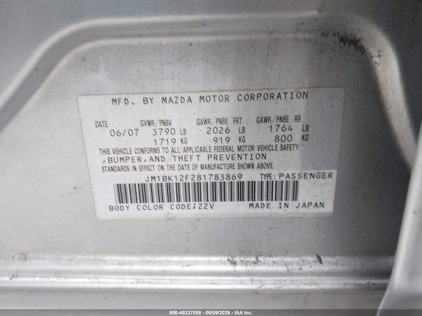 2008 Mazda 3 VIN JM1BK12F281783869 IAAI salvage auction — REAR END, Salvage (Georgia), sold $200 on 2026-07-22 (photo 9)