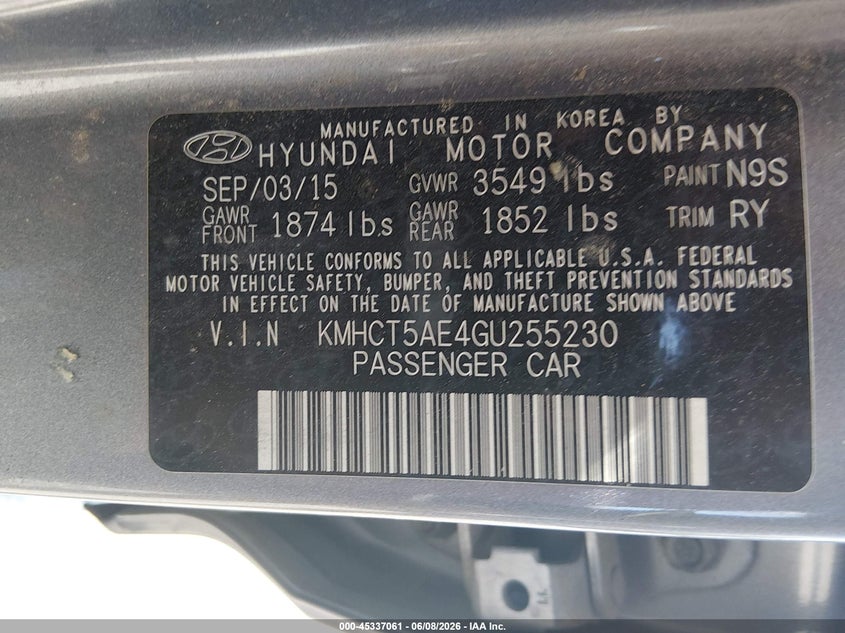 2016 Hyundai Accent VIN KMHCT5AE4GU255230 IAAI salvage auction — NORMAL WEAR, Salvage Title, sold $675 on 2026-07-17 (photo 9)