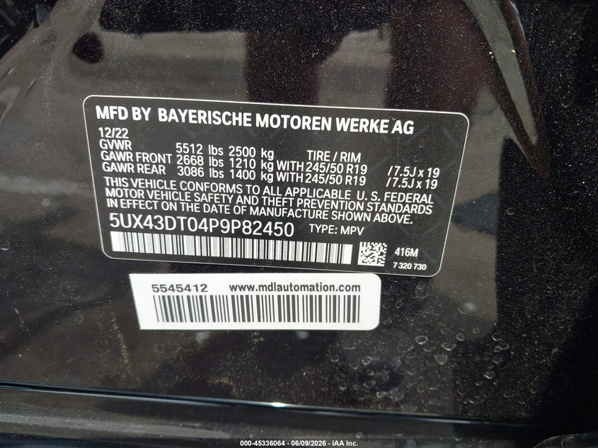 2023 BMW X4 VIN 5UX43DT04P9P82450 IAAI salvage auction — FRONT END, Salvage (North Carolina), sold $20,800 on 2026-07-06 (photo 9)