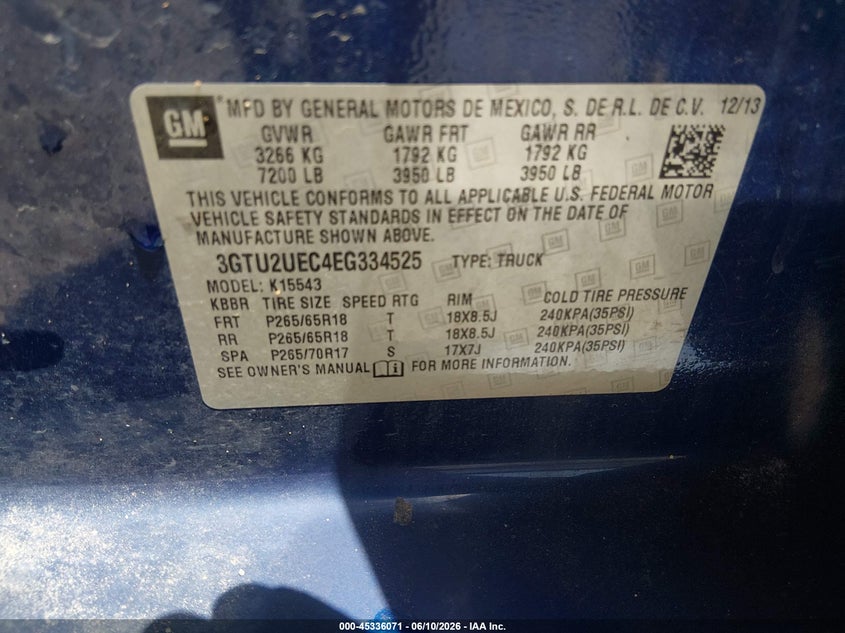 2014 Gmc SIERRA VIN 3GTU2UEC4EG334525 IAAI salvage auction — HAIL, Salvage Title, sold $3,400 on 2026-08-03 (photo 9)