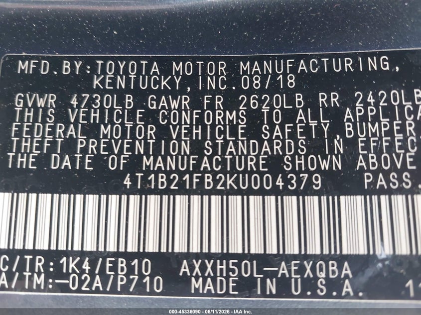 2019 Toyota Avalon VIN 4T1B21FB2KU004379 IAAI salvage auction — REAR END, Salvage Title, sold $7,400 on 2026-07-27 (photo 9)
