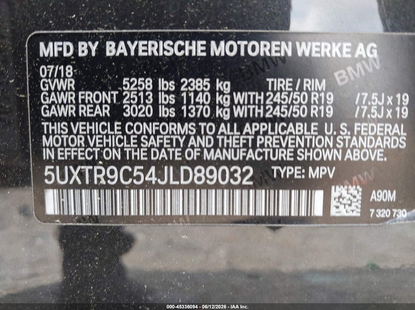 2018 BMW X3 VIN 5UXTR9C54JLD89032 IAAI salvage auction — LEFT SIDE, Salvage (Georgia), sold $5,900 on 2026-07-15 (photo 9)