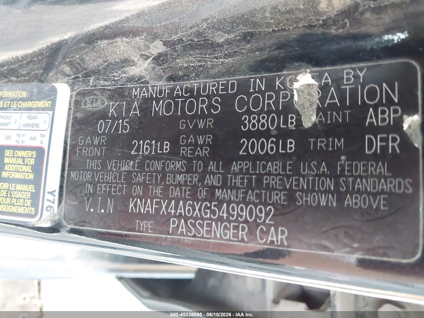 2016 Kia Forte VIN KNAFX4A6XG5499092 IAAI salvage auction — FRONT END, Clear (Virginia), sold $650 on 2026-07-28 (photo 9)