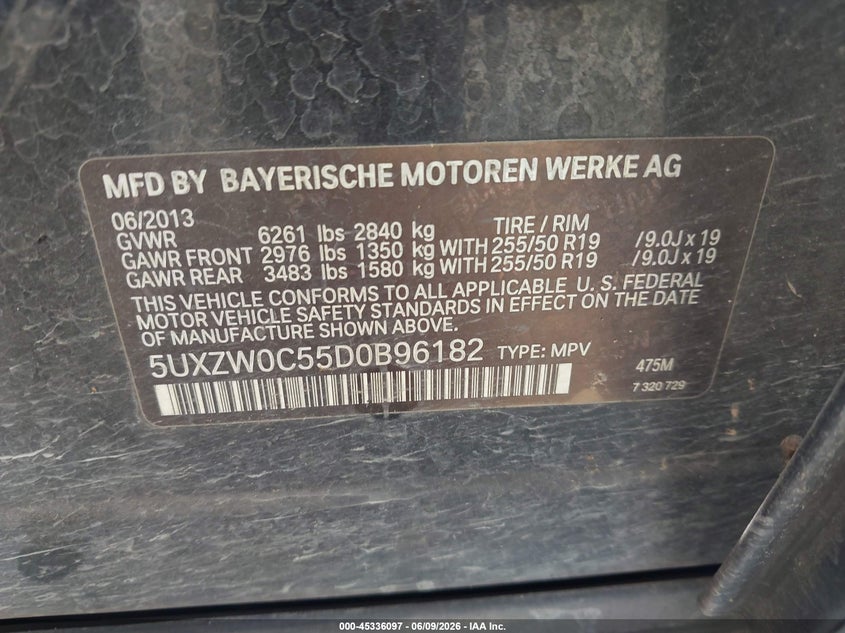 2013 BMW X5 VIN 5UXZW0C55D0B96182 IAAI salvage auction — NORMAL WEAR, Salvage Title, sold $2,050 on 2026-07-06 (photo 9)