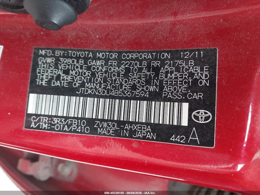 2011 Toyota Prius VIN JTDKN3DU4B5367594 IAAI salvage auction — NORMAL WEAR, Clear (Missouri), sold $425 on 2026-07-30 (photo 9)