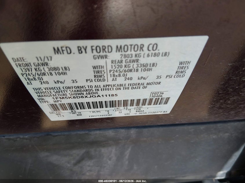 2018 Ford Explorer VIN 1FM5K8D8XJGA11185 IAAI salvage auction — HAIL, Salvage (Kansas), sold $7,100 on 2026-08-21 (photo 9)