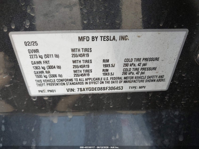 2025 Tesla Model y VIN 7SAYGDED8SF306453 IAAI salvage auction — RIGHT SIDE, Salvage Title, sold $11,750 on 2026-07-31 (photo 9)