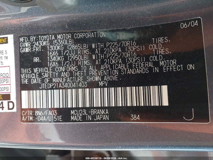 2004 Toyota Highlander VIN JTEDP21A340041403 IAAI salvage auction — FRONT END, Salvage (Pennsylvania), sold $525 on 2026-07-10 (photo 9)