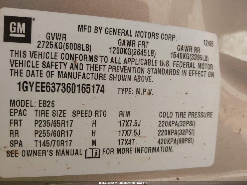 2006 Cadillac Srx VIN 1GYEE637360165174 IAAI salvage auction — FRONT & REAR, Salvage (Texas), sold $100 on 2026-07-09 (photo 9)