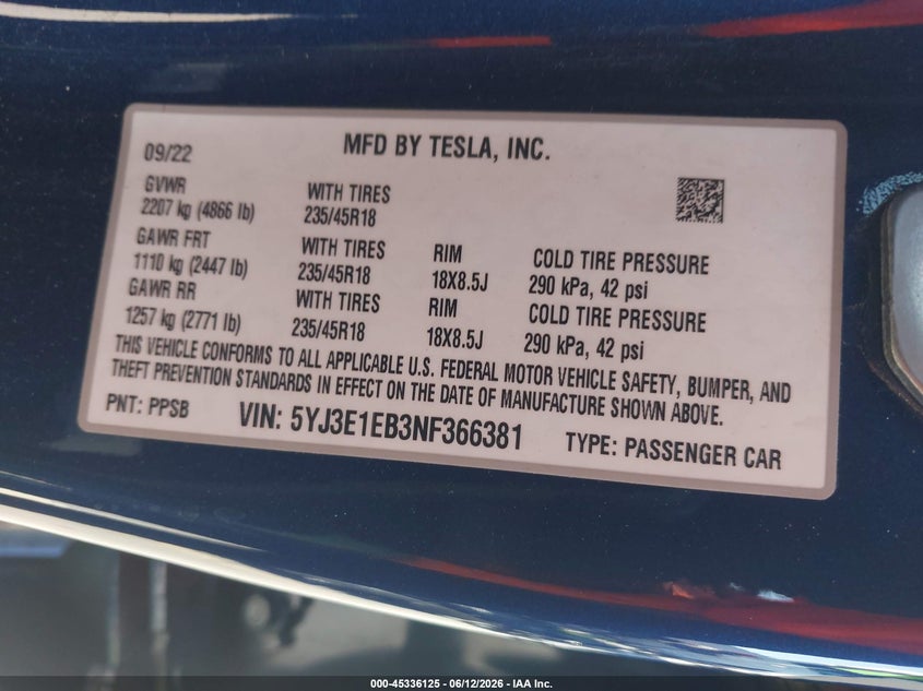 2022 Tesla Model 3 VIN 5YJ3E1EB3NF366381 IAAI salvage auction — REAR END, Salvage Title, sold $9,100 on 2026-07-29 (photo 9)