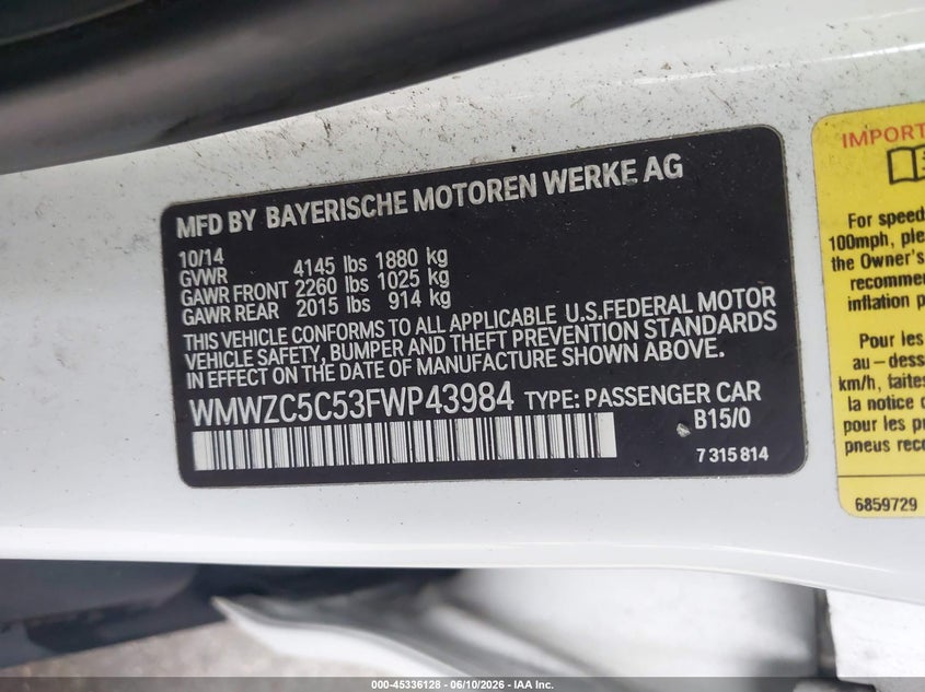 2015 Mini Countryman VIN WMWZC5C53FWP43984 IAAI salvage auction — MECHANICAL, Clear (Florida), sold $700 on 2026-07-15 (photo 9)