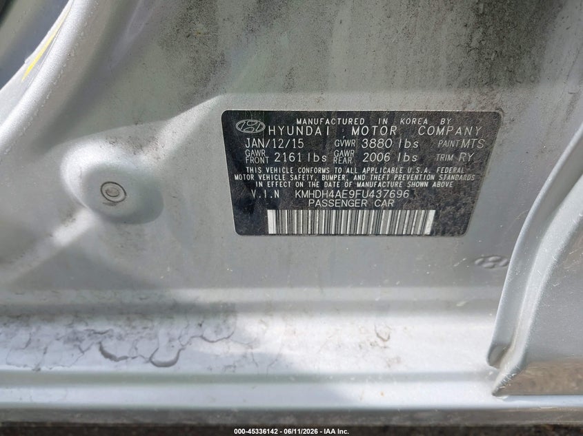 2015 Hyundai Elantra VIN KMHDH4AE9FU437696 IAAI salvage auction — THEFT, Salvage (Illinois), sold $1,300 on 2026-07-28 (photo 9)