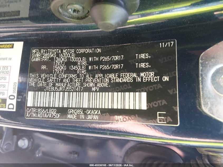2018 Toyota 4runner VIN JTEBU5JR7J5521417 IAAI salvage auction — FRONT END, Salvage (Virginia), sold $6,200 on 2026-07-14 (photo 9)