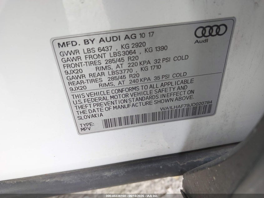 2018 Audi Q7 VIN WA1LHAF79JD020784 IAAI salvage auction — HAIL, Salvage (Texas), sold $775 on 2026-07-28 (photo 9)