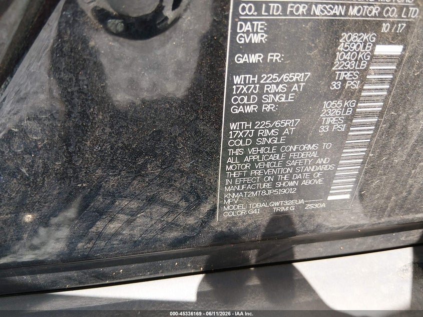 2018 Nissan Rogue VIN KNMAT2MT8JP519012 IAAI salvage auction — ALL OVER, Salvage (Alabama), sold $225 on 2026-07-30 (photo 9)