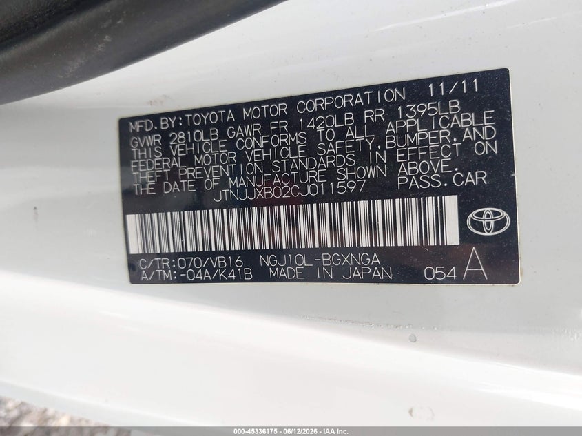2012 Scion Iq VIN JTNJJXB02CJ011597 IAAI salvage auction — FRONT END, Salvage (Ohio), sold $375 on 2026-07-15 (photo 9)