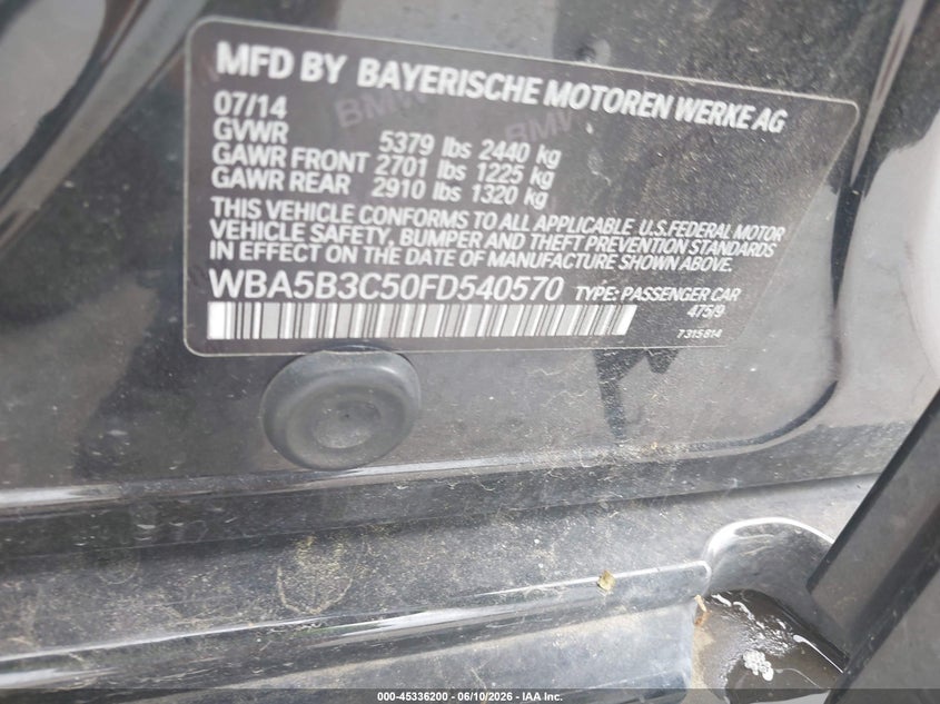 2015 BMW 5er VIN WBA5B3C50FD540570 IAAI salvage auction — RIGHT FRONT, Salvage (Illinois), sold $1,150 on 2026-07-08 (photo 9)