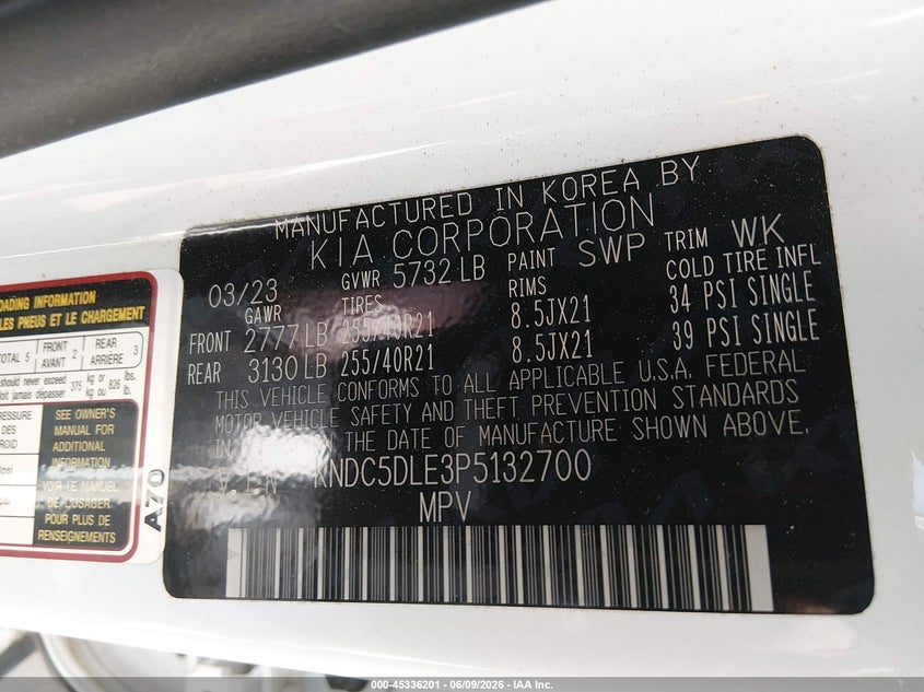 2023 Kia Ev6 VIN KNDC5DLE3P5132700 IAAI salvage auction — FRONT END, Salvage Title, sold $5,600 on 2026-07-09 (photo 9)