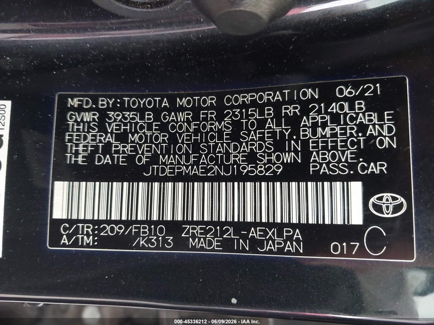 2022 Toyota Corolla VIN JTDEPMAE2NJ195829 IAAI salvage auction — REAR END, Salvage (Georgia), sold $3,550 on 2026-07-30 (photo 9)