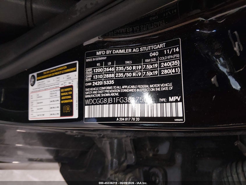 2015 Mercedes-benz Glk-klasse VIN WDCGG8JB1FG381750 IAAI salvage auction — FRONT END, Salvage (Missouri), sold $4,000 on 2026-08-20 (photo 9)