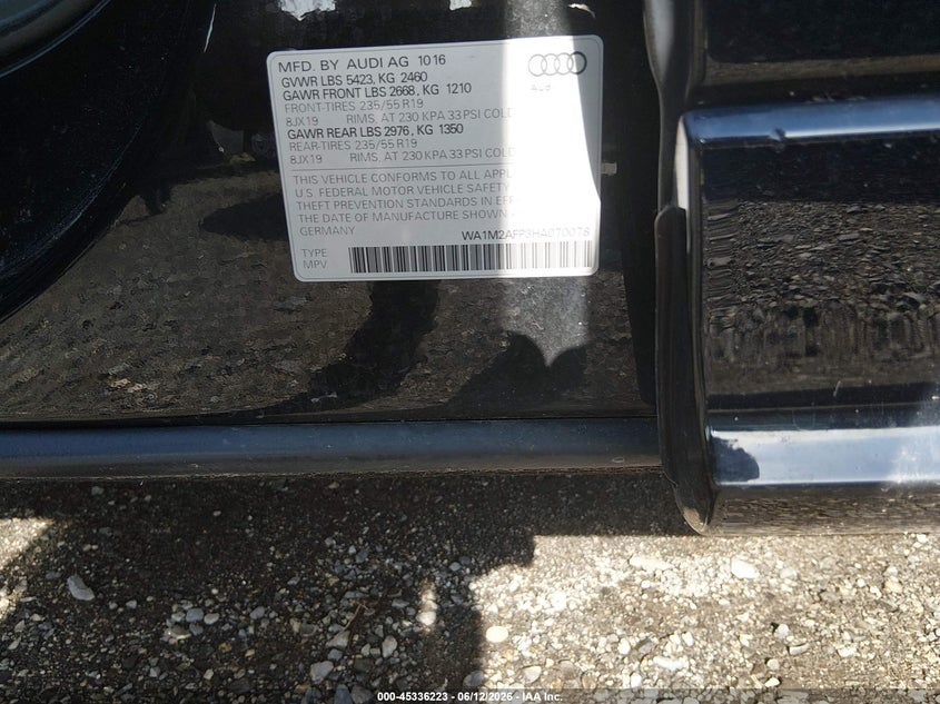 2017 Audi Q5 VIN WA1M2AFP3HA070078 IAAI salvage auction — FRONT END, Salvage - Greater Than 75% (Maryland), sold $3,200 on 2026-07-13 (photo 9)