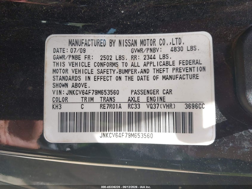 2009 Infiniti G37 VIN JNKCV64F79M653560 IAAI salvage auction — FRONT END, Clear (Massachusetts), sold $450 on 2026-07-09 (photo 9)