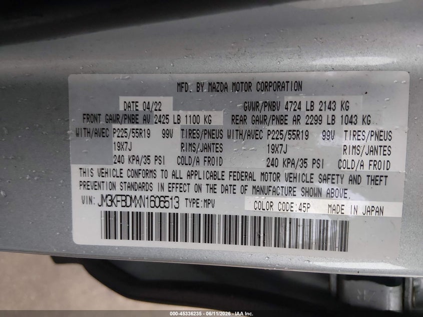2022 Mazda Cx-5 VIN JM3KFBDMXN1606513 IAAI salvage auction — REAR END, Salvage (Texas), sold $10,800 on 2026-07-07 (photo 9)