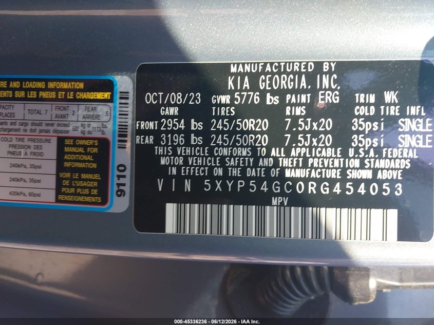 2024 Kia Telluride VIN 5XYP54GC0RG454053 IAAI salvage auction — LEFT SIDE, Salvage Title, sold $12,200 on 2026-07-30 (photo 9)