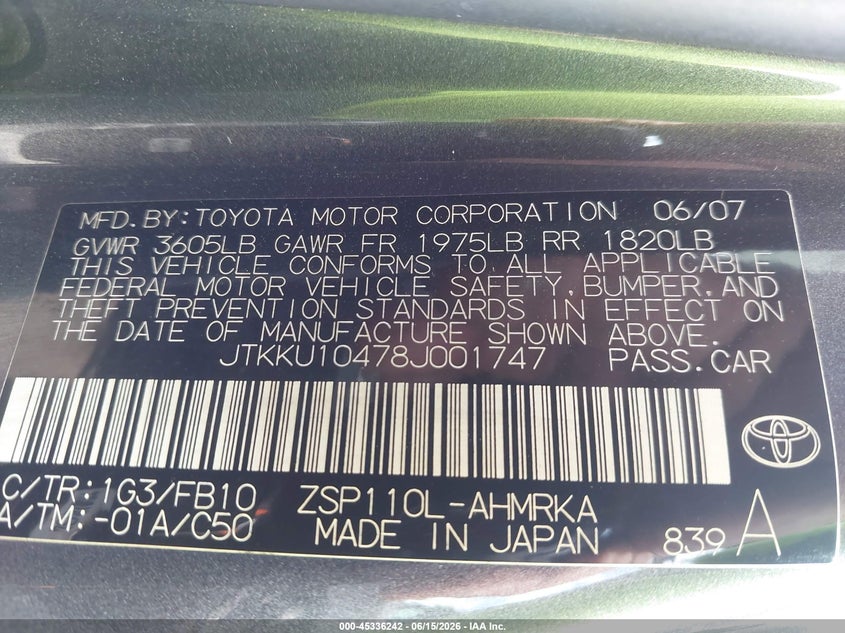 2008 Scion Xd VIN JTKKU10478J001747 IAAI salvage auction — NORMAL WEAR, Original (Ohio), sold $850 on 2026-07-07 (photo 9)