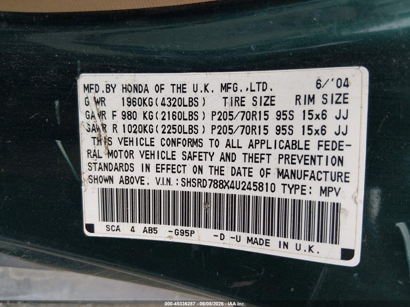 2004 Honda Cr-v VIN SHSRD788X4U245810 IAAI salvage auction — NORMAL WEAR, Clear (Delaware), sold $525 on 2026-07-13 (photo 9)