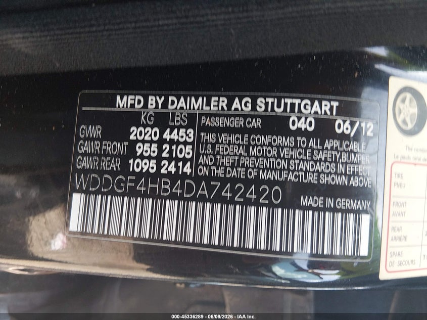 2013 Mercedes-benz C-klasse VIN WDDGF4HB4DA742420 IAAI salvage auction — NORMAL WEAR, Original (Texas), sold $550 on 2026-07-21 (photo 9)