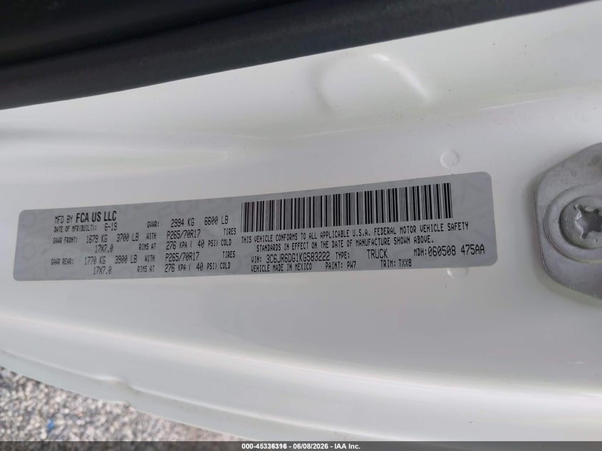 2019 Ram 1500 VIN 3C6JR6DG1KG583222 IAAI salvage auction — NORMAL WEAR, Sf97 (Maryland), sold $12,175 on 2026-07-21 (photo 9)